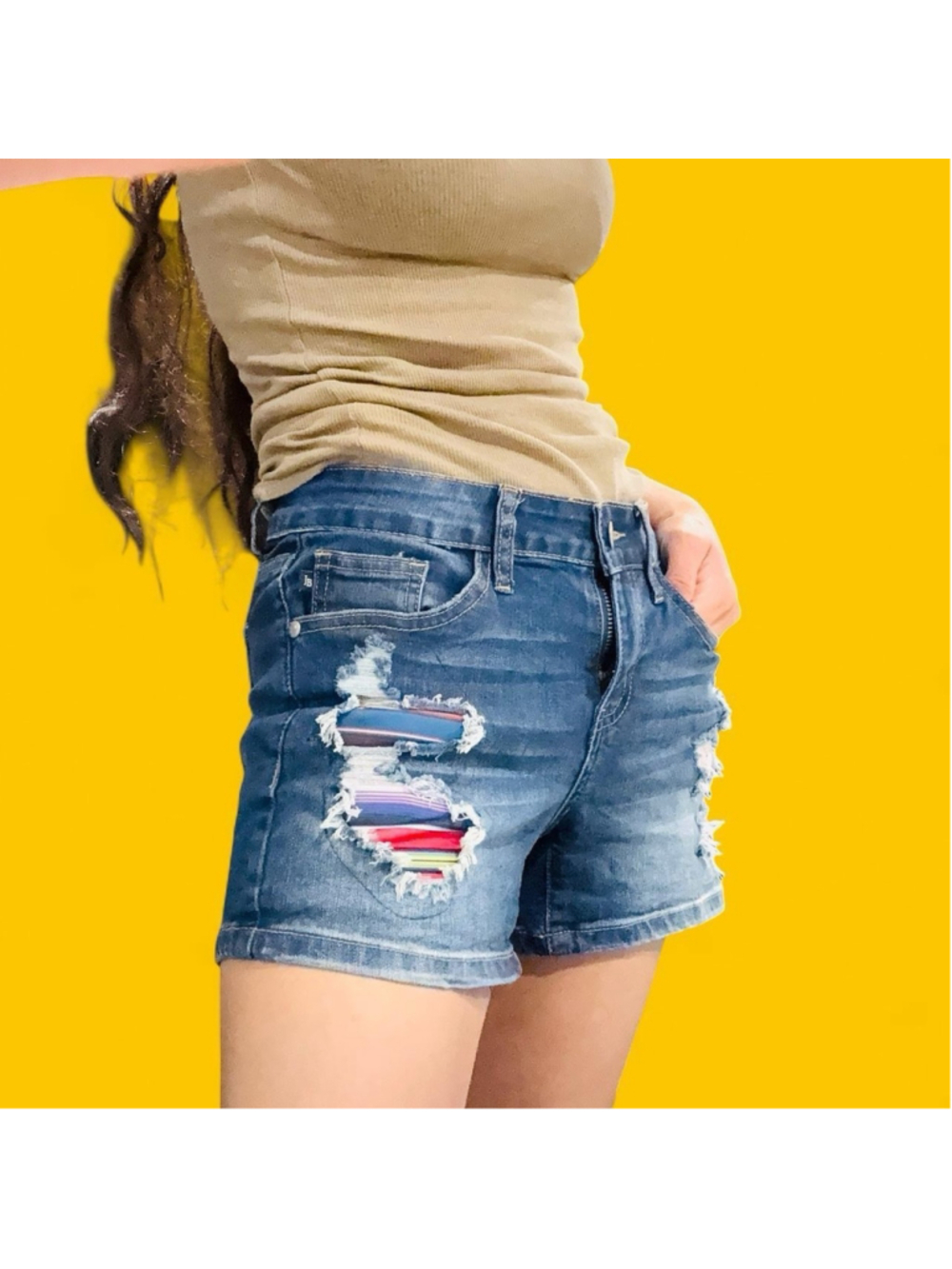 Judy Blue Sarape Patch Distressed Denim Shorts S Upcycled Western Boho Festival